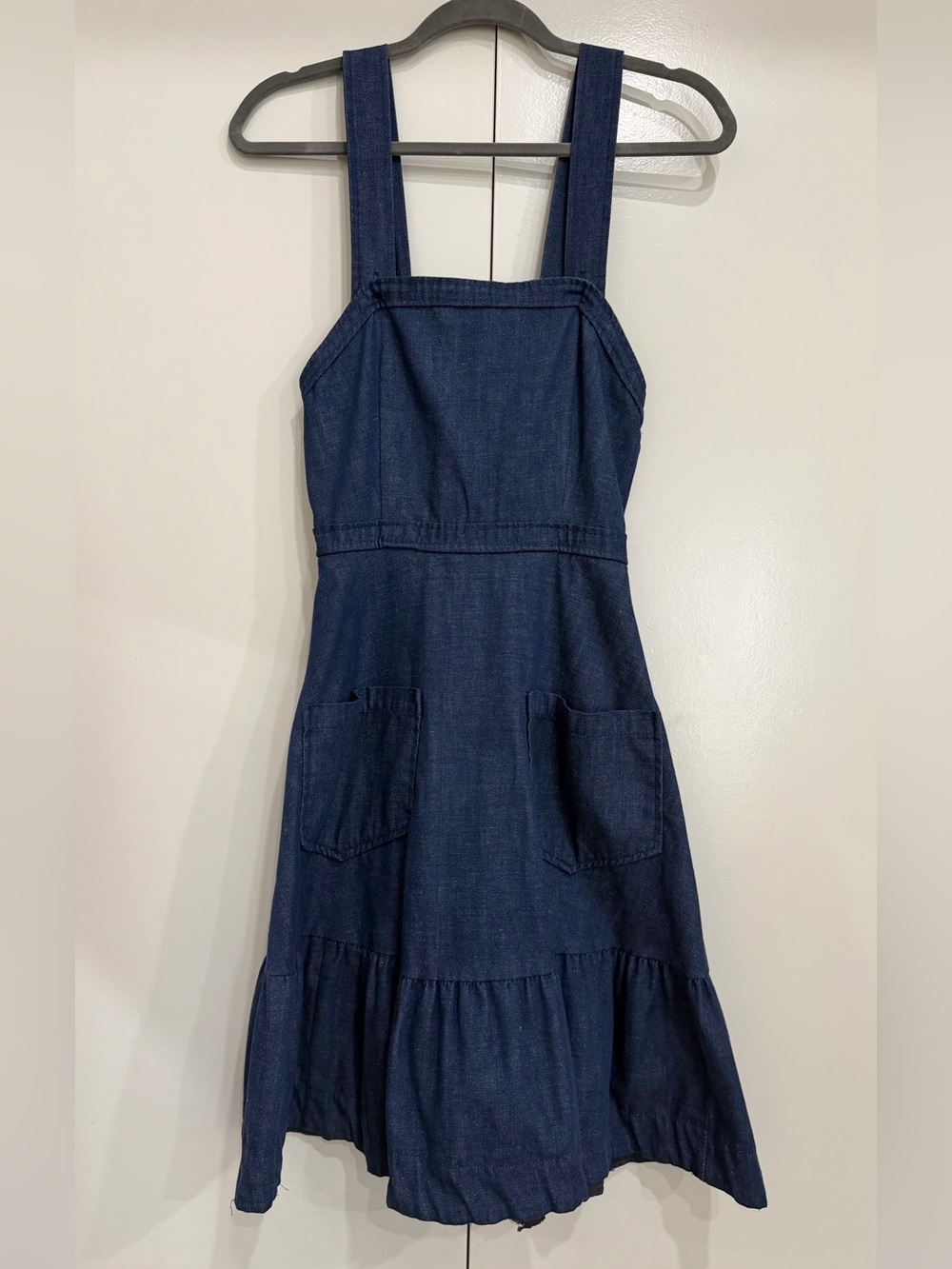 Dark Blue Denim Midi Pinafore Dress with Front Pockets